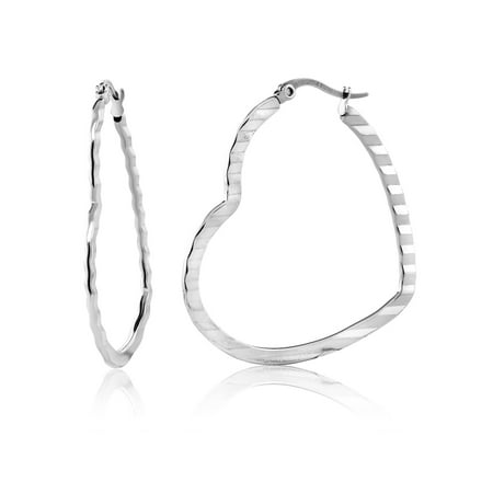- 1.75 Inches Stainless Steel High Shine Silver Tone Heart Shape Hoops Earrings