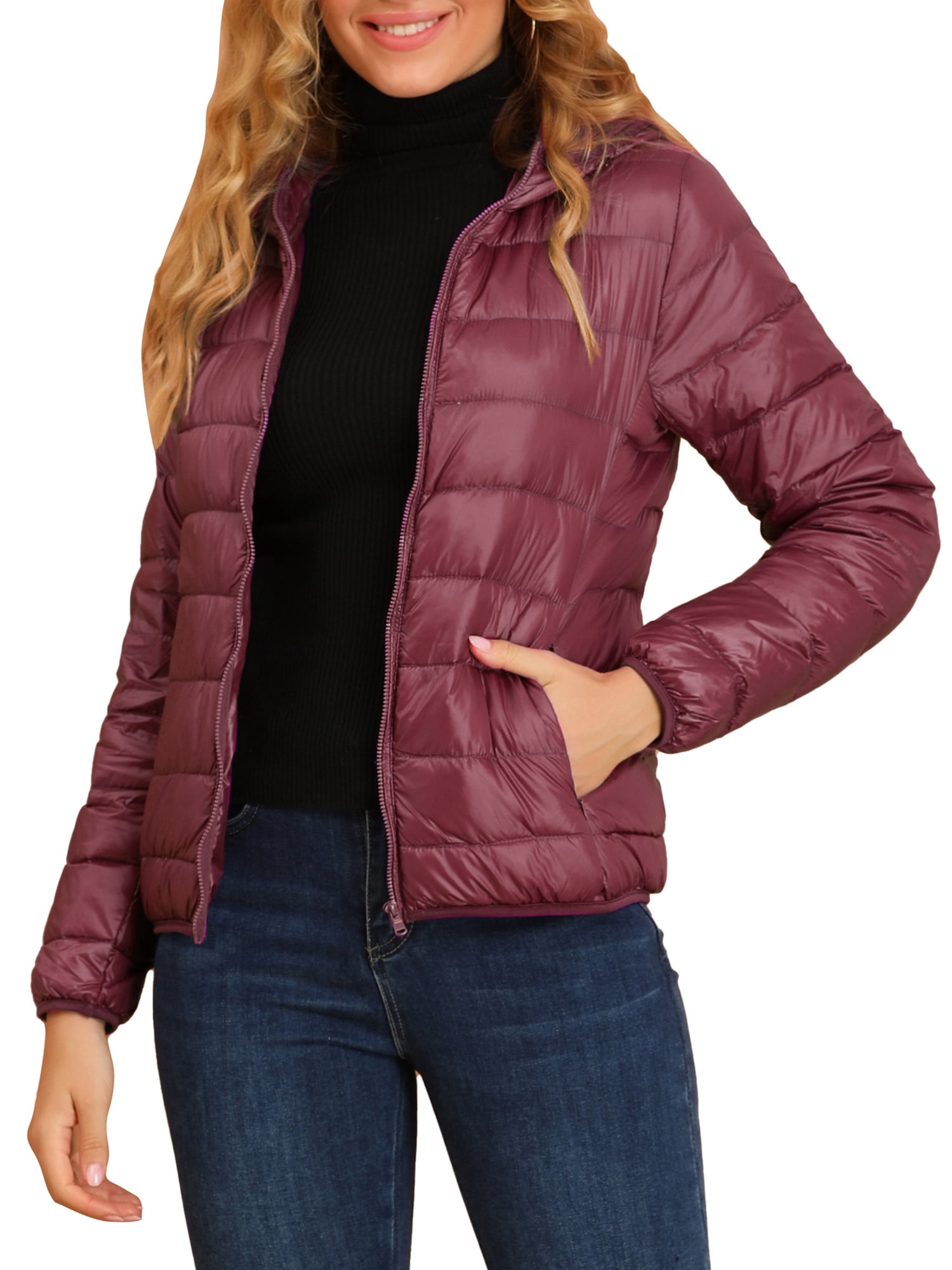 DARING DIVA Women's Hooded Zip Up Short Down Lightweight Jacket L Burgundy