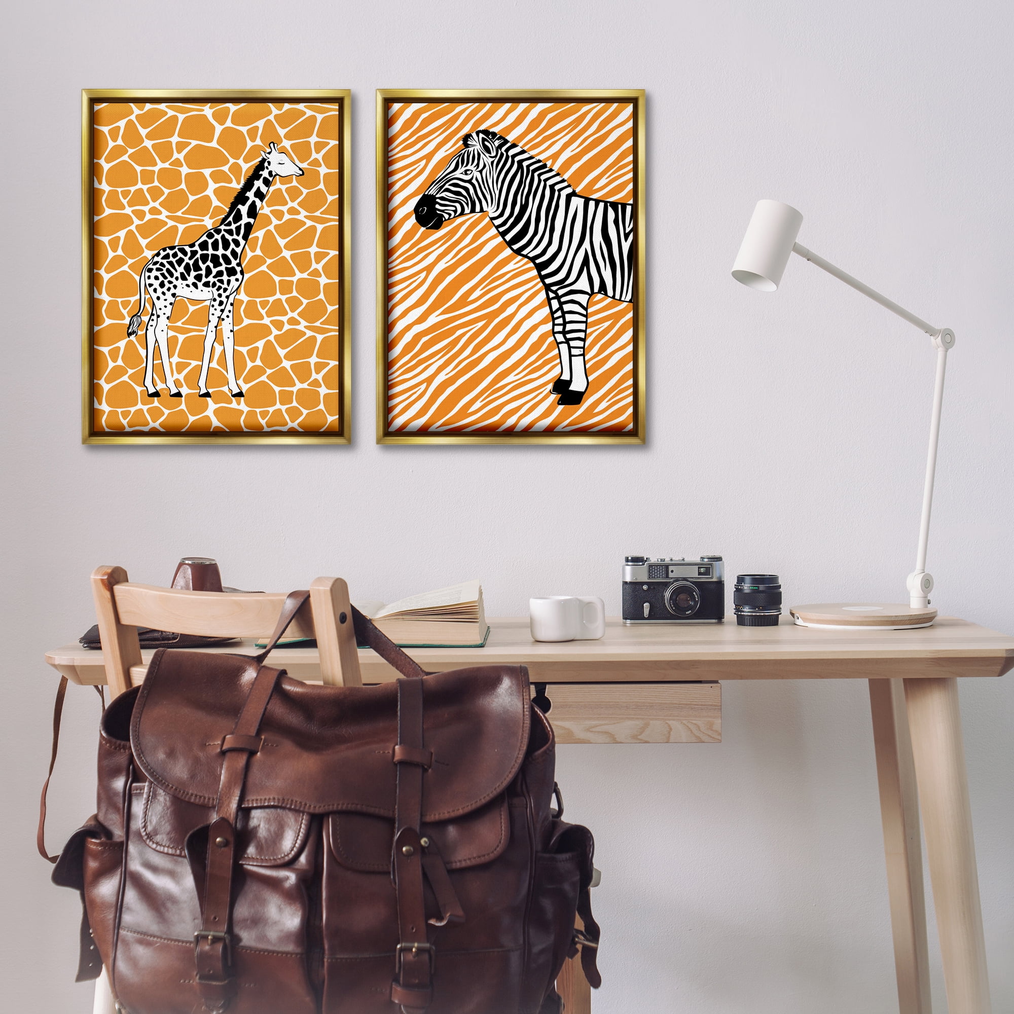 Stupell Industries Jungle Animals on Orange Animals Painting Gold Floater Framed Canvas Art Print Wall Art, 21 x 31, Set of 2