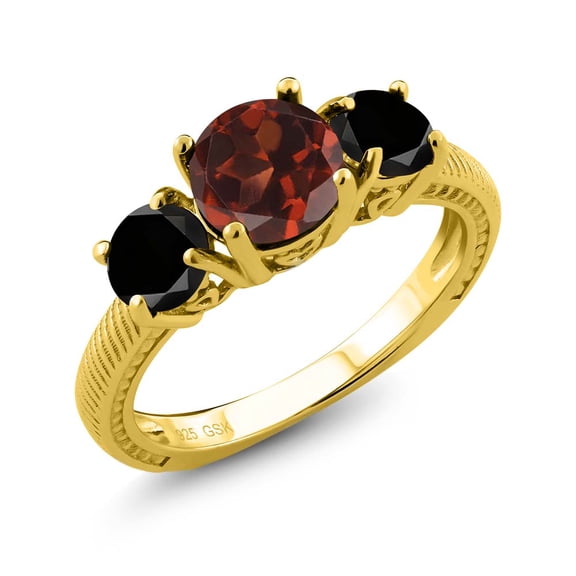 Gem Stone King 2.40 Ct Round Red Garnet Black Diamond 18K Yellow Gold Plated Silver 3 Stone Ring (Size 5)