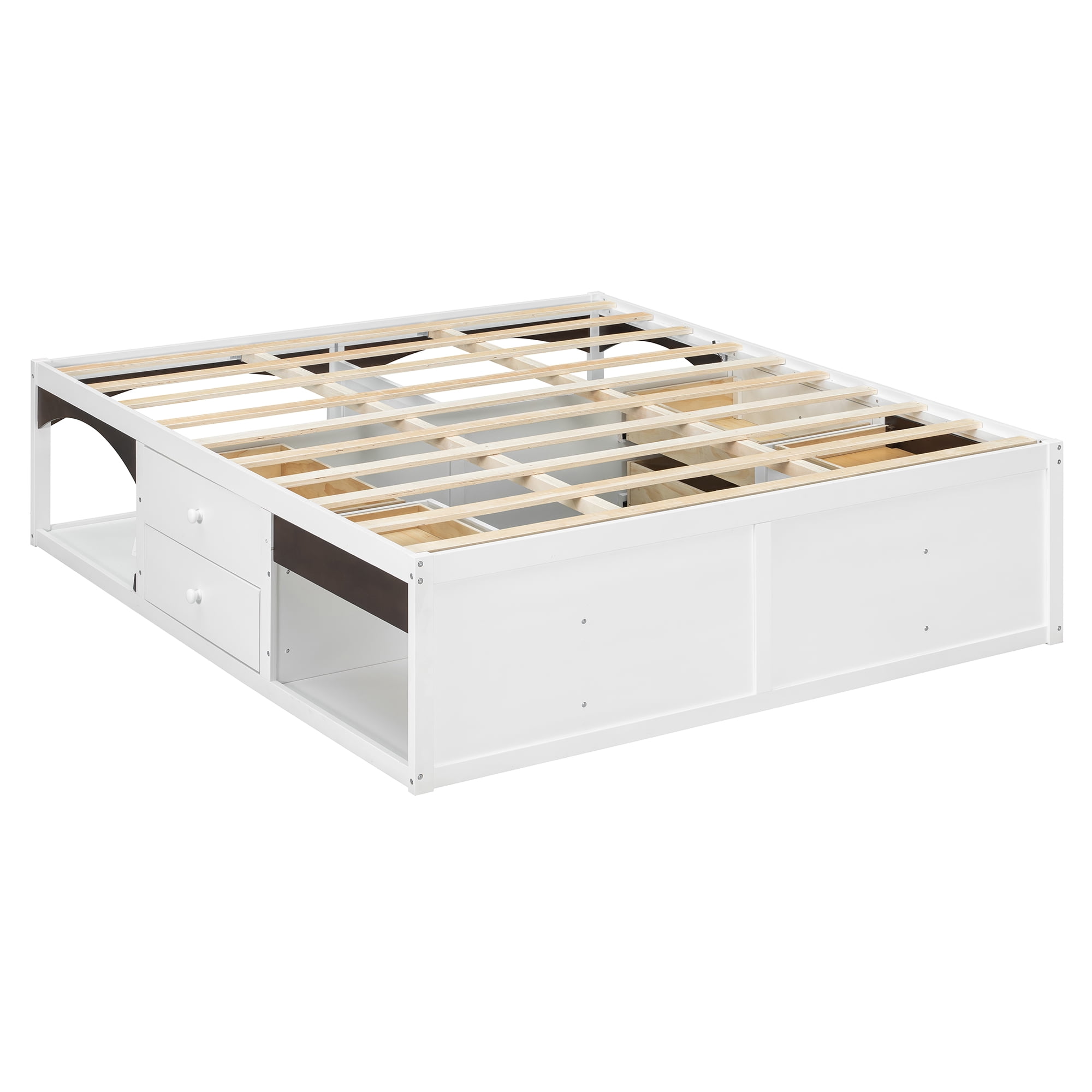 King Size Platform Bed with 2 Storage Drawers, Lighted Under-Bed Open Pet Space, No Headboard