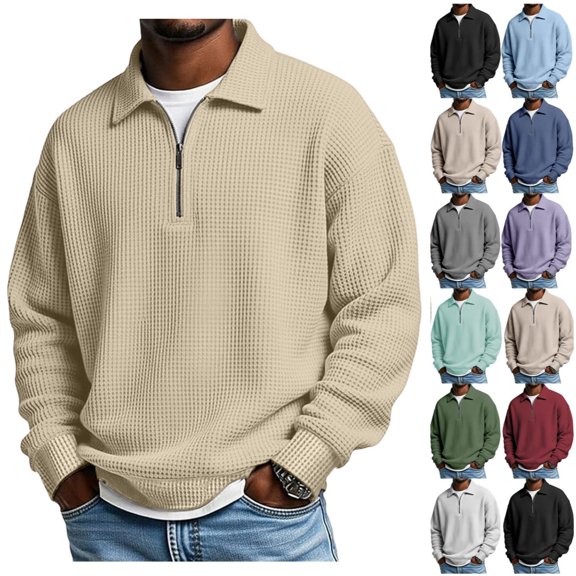 Waffle Knit Quarter Zip Pullover Men Polo Shirt Long Sleeve Collared Shirts Big and Tall Golf Pullover Sweatshirts