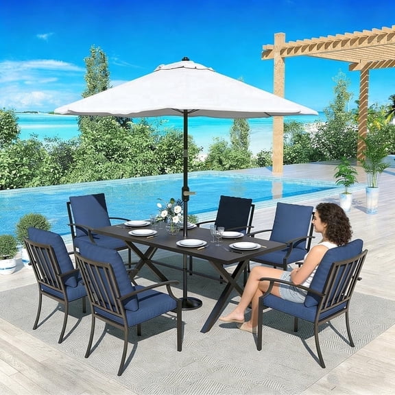 Gotland 7 Piece Outdoor Dining Set, Metal Outdoor Table and Chairs with X-Shaped Legs 1.5" Umbrella Hole, Patio Furniture Set with Waterproof Cushions, Patio Dining Sets for Backyard Deck ,Navy Blue