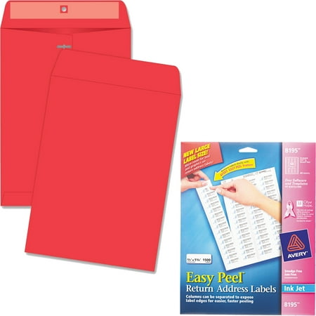 Quality Park Brightly Colored 9x12 Clasp Envelopes and Avery Easy Peel White Return Addess Labels for Inkjet Printers 8195, 2/3