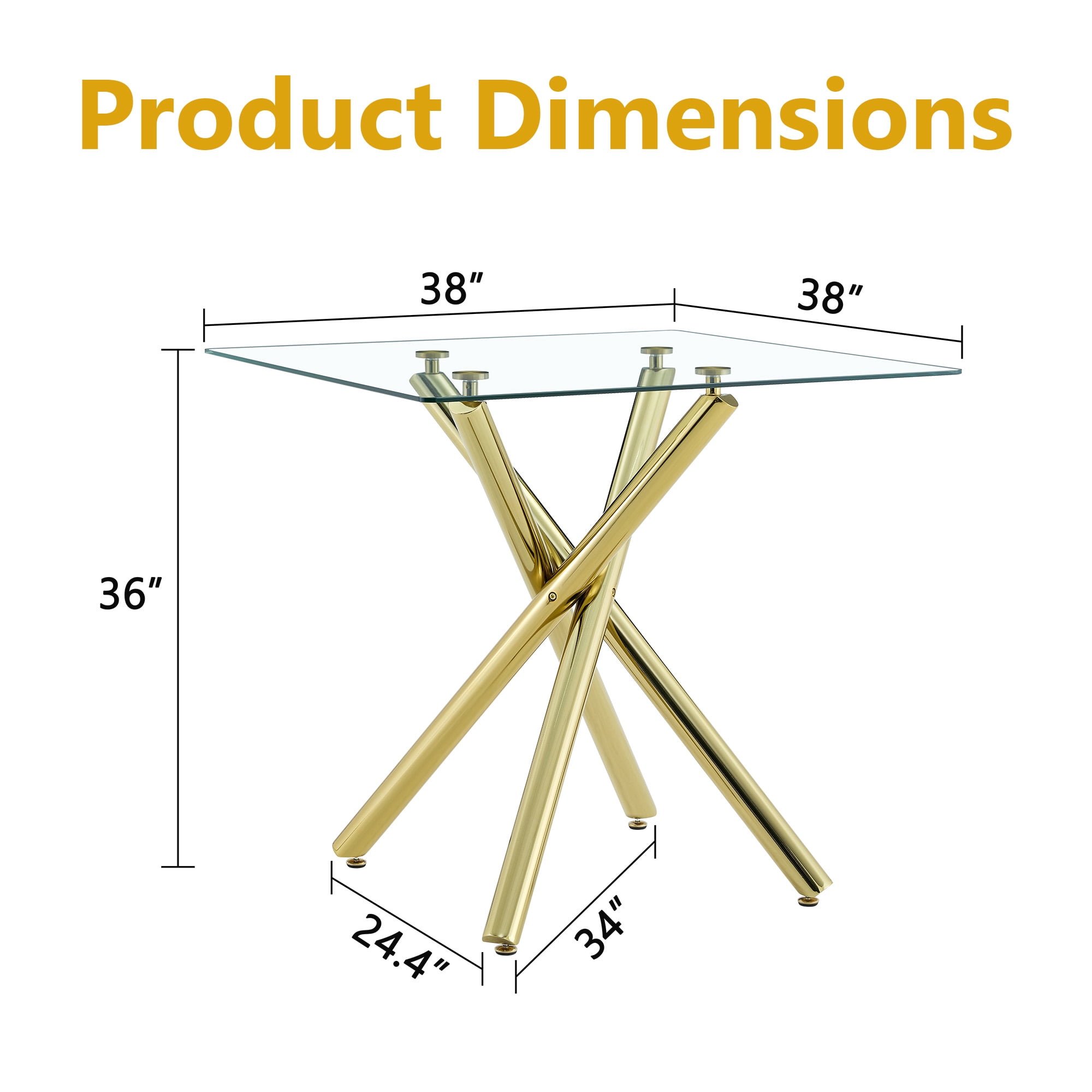Alvantor Dining Table with Electroplated Metal Legs, Square Tempered Glass Top for Home Bar Kitchen Island, Clear, 37.8in