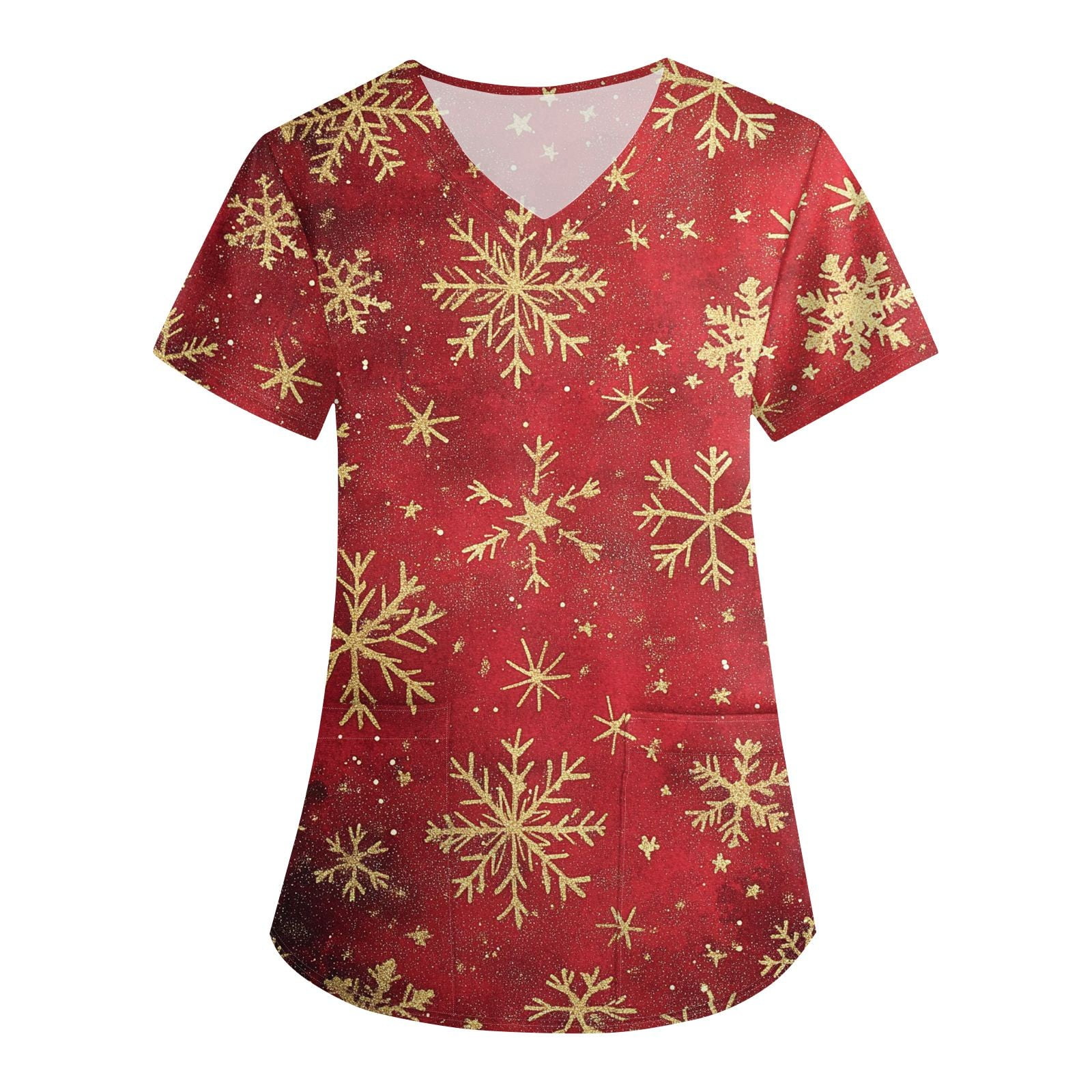 Scrubs for Women Christmas V Neck Short Sleeve Cute Print Scrub Tops Plus Size Medical Nursing Uniform with Pockets