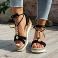 thumbnail image 2 of Platform Wedge Sandals for Women 2025 Rhinestones Pearl Flower Beach Summer Open Toe Strappy Dress Sandals, 2 of 6