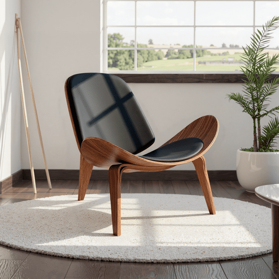 Top Grain Genuine Leather Walunt Lounge Accent Chair, Mid Century Modern Tripod Side Chair, Black