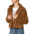 thumbnail image 3 of INSPIRE CHIC Women's Notch Collar Long Sleeve Open Front Faux Fur Fluffy Cropped Jacket XL Caramel, 3 of 8