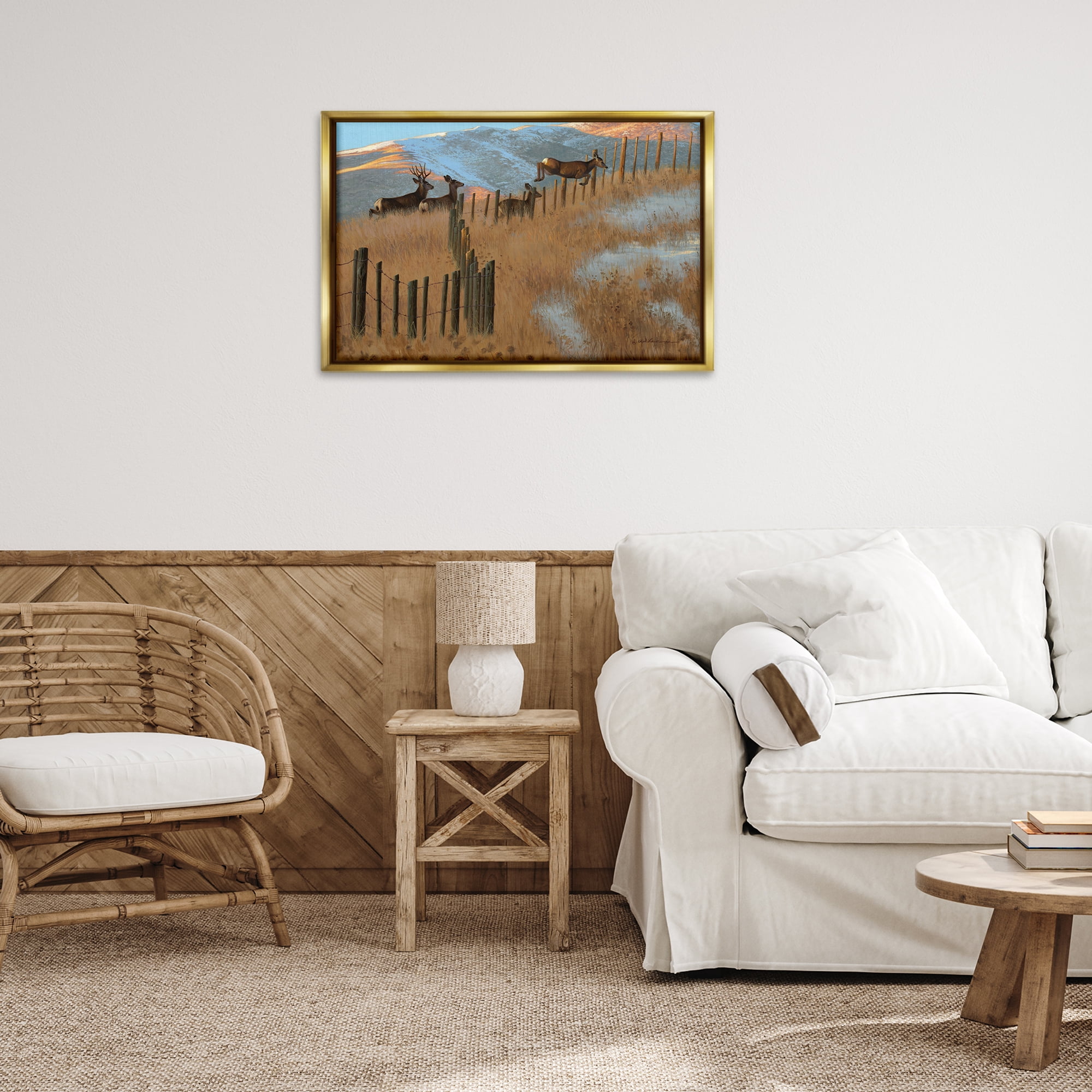 Stupell Industries Deer Jumping Country Fence Landscape & Nature Painting Gold Floater Framed Canvas Art Print Wall Art, 31 x 21