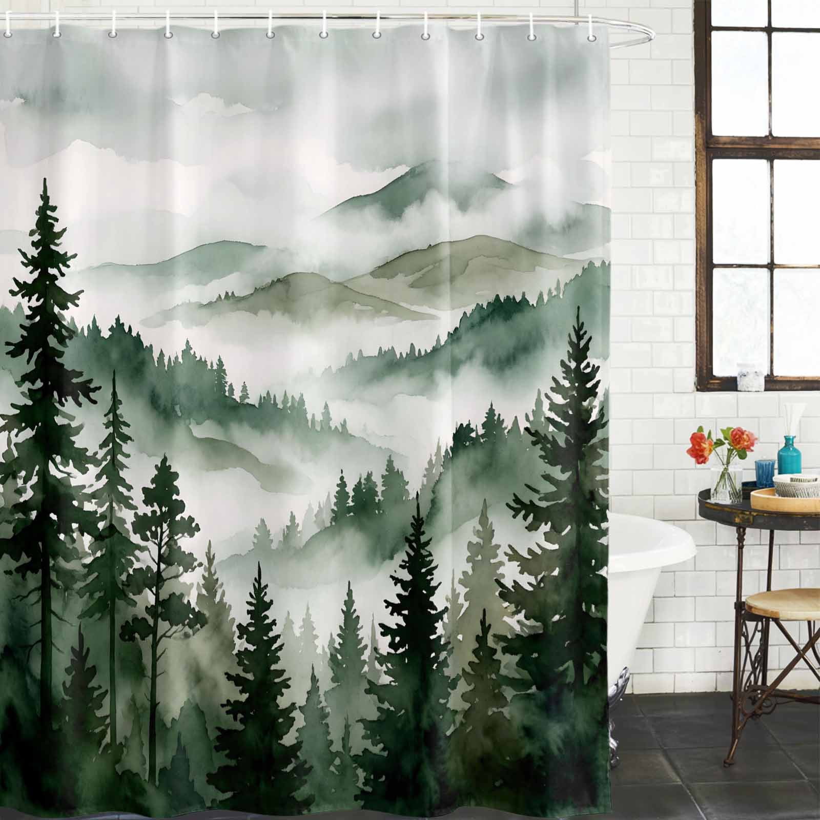 Shower Curtain Bathroom Set Forest Green Gradient Tree Mountain Waterproof Fabric Shower Curtains with Grommets&Hooks, Natural Scenery Privacy Bath Curtain for Bathtub 36x72in