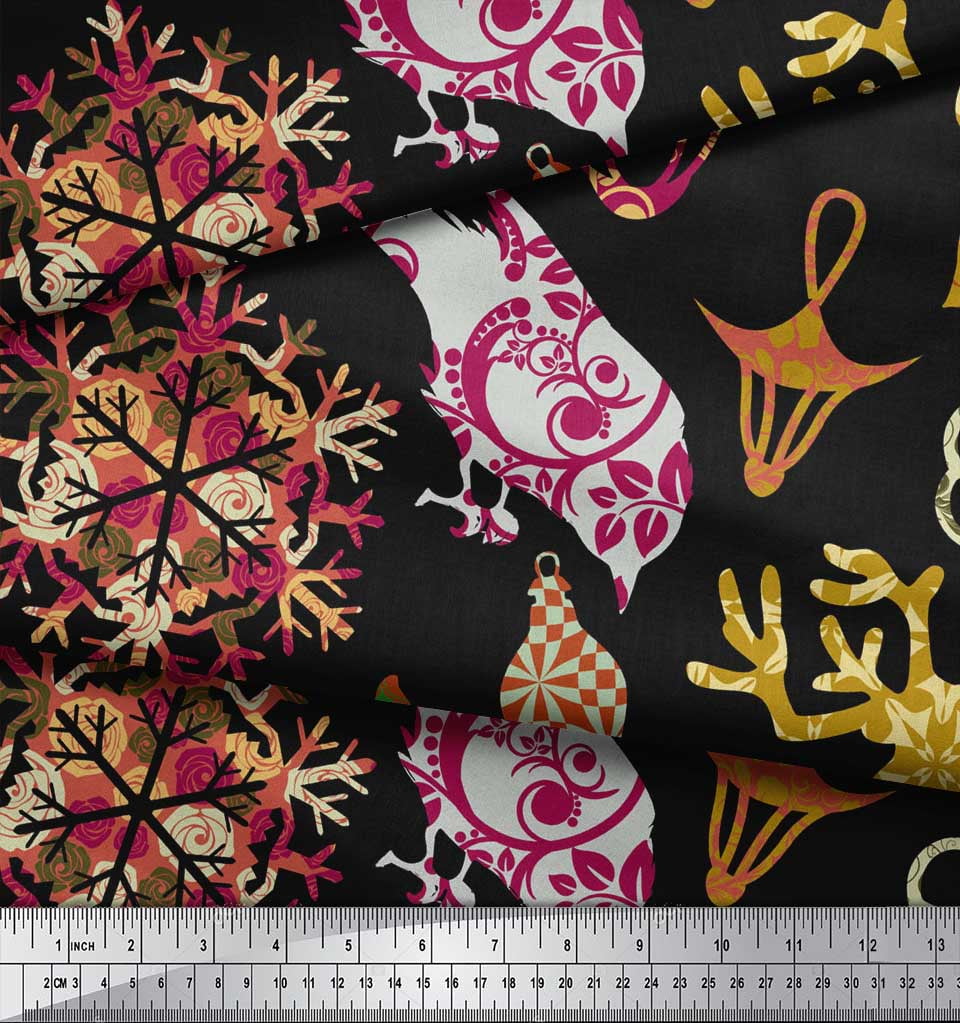 Soimoi Black Heavy Satin Fabric Reindeer,Oranaments & Tree Christmas Print Sewing Fabric Yard 54 Inch Wide
