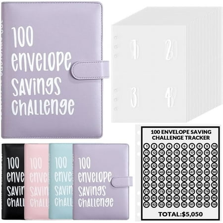 100 Envelopes Money Saving Challenge, PandaTop 100 Envelope Challenge Binder, Easy and Fun Way to Save $5,050, 100 Day Savings Challenge Binder with Cash Envelopes for Office,Home,School (Purple)