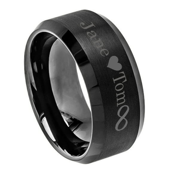 Free Engraving Men's Personalized Outside Inside Engraving Tungsten Carbide Wedding Band Ring 10mm Brushed Center Beveled Black Ring