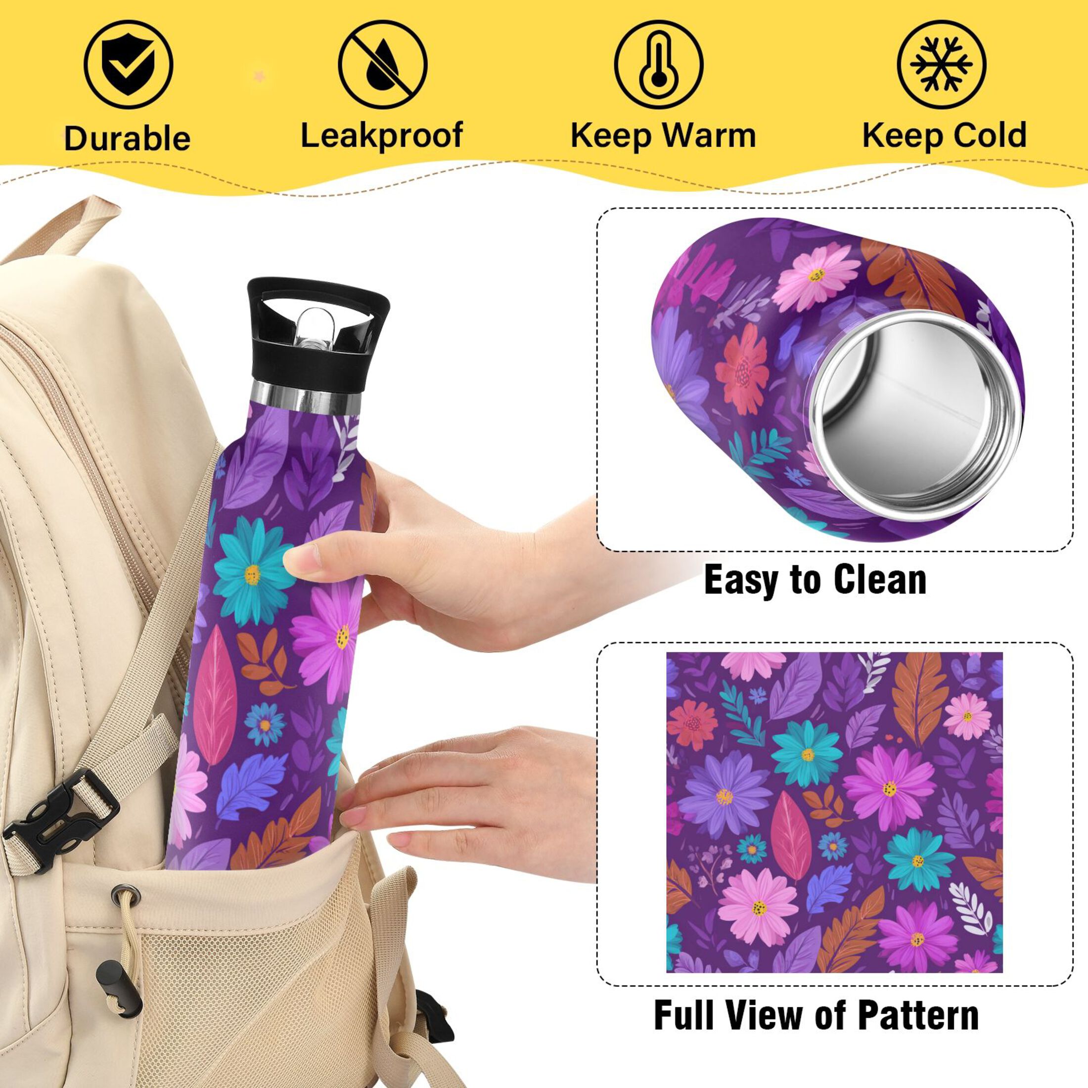 Kids Insulated Stainless Steel Sports Water Bottle 600ml (20oz) Flowers and Leaves