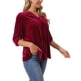thumbnail image 4 of INSPIRE CHIC Women's Velvet Tops V Neck 3/4 Puff Sleeve Fall Winter Trendy Casual Tunic Blouse Loose T-Shirt S Wine Red, 4 of 6