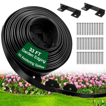 Remiawy Garden Edging Border, 33 ft No Dig Landscape Edging Kit with 50 Anchoring Spikes, 2 Inch Tall Plastic Lawn Edging Fence Garden Border for Flower Bed Lawn Yard Grass Paver Pathway Walkway