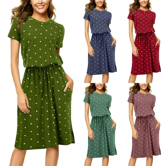 safuny Women's Knee Length Blouson Dress Polka Dot Print Elegant Casual Comfy Retro Boho Short Sleeve Holiday Summer Beach Round Neck Dress Clothing Army Green L