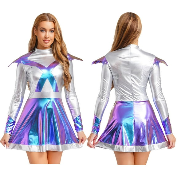 Aislor Womens Alien Robot Halloween Cosplay Long Sleeve Metallic Shiny Party Dress Blue S