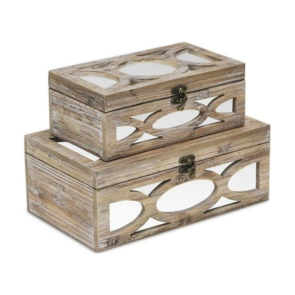 Contemporary Home Living Set of 2 Brown Rectangular Storage Boxes with Overlayed Mirror Panels