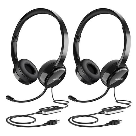 Mpow 2 Pack Headset, USB Headset with Noise Reduction Sound Card, In-line Control, Protein Memory Earmuffs for Skype Calls with Mac and PC (2