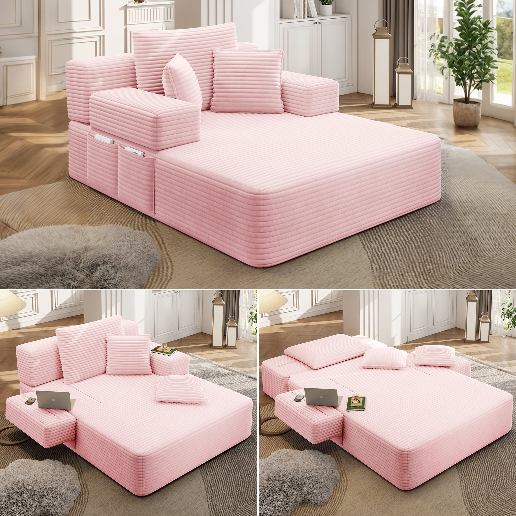 Avobird Luxury Plush Corduroy Chaise Lounge, Convertible Sofa Bed with Storage Pocket, Frameless Design, Specially Designed for Small Spaces and Apartments (Baby Pink)