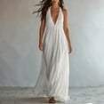 thumbnail image 2 of Halter Neck V-Neck Sleeveless Maxi Dress Solid Color Flowy Dress Casual Summer Party Evening Gown for Women White XL(XL), 2 of 8