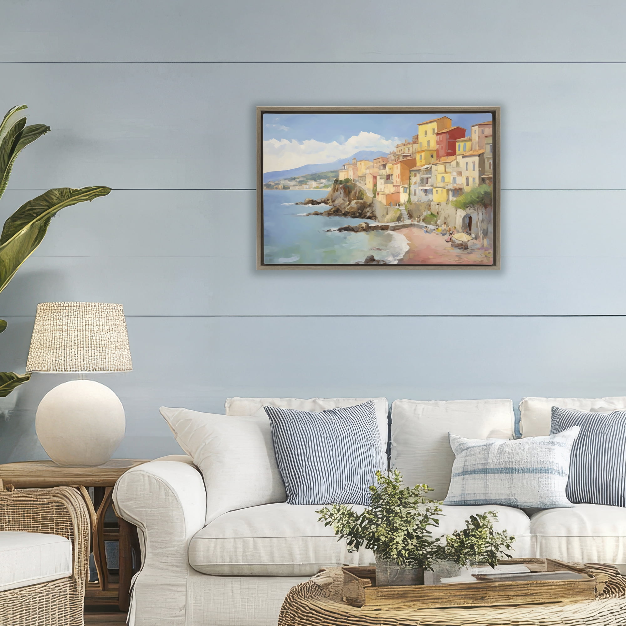 Stupell Industries Colorful Coastal Town by Sea Brown Framed Floater Canvas Wall Art, design by Creative Studio