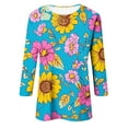 thumbnail image 4 of CYMMPU Blouses for Women Dressy Casual Crew Neck Floral Printed Fall Trendy Shirts Tunic Tops Spring Tops 3/4 Sleeve Loose Fit Empire Waist A Line T-Shirts Blue S, 4 of 4