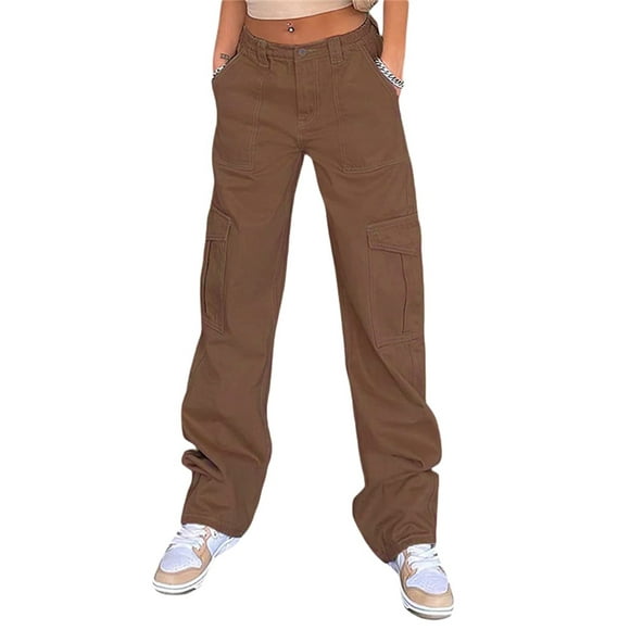 Bulingna Women Solid Color Cargo Pants, High Waist Straight-leg Buckle Jeans with Pockets, Khaki/ Brown