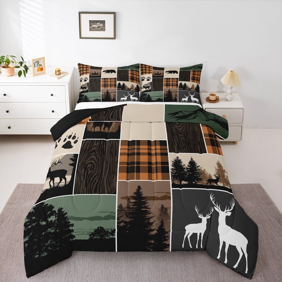 Rustic Cabin Comforter Set Twin Size, Hunting Bear Deer Down Comforter Teens Adult, Farmhouse Moose Quilt Vintage Plaid Tree Growth Ring Duvet Insert 2 Pcs With 1 Pillow Case, Grey Brown