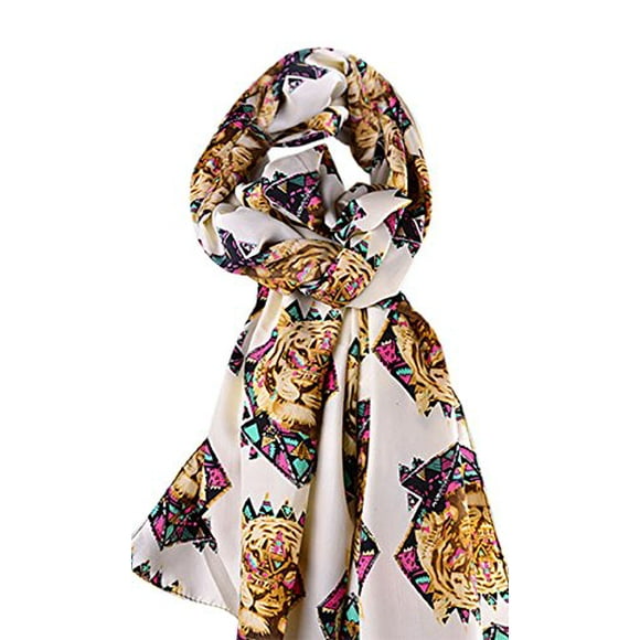 2Chique Boutique Women's Funky Tiger Face Print Fashion Scarf (cream)