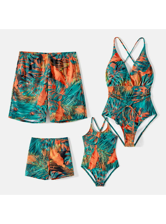 PatPat Mommy and Me Family Matching Leaf Print One-piece Spaghetti Strap Swimsuit or Swim Trunks
