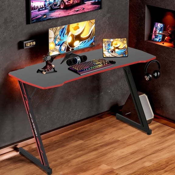 47-inch Z-Shaped Gaming Desk with Headphone Hook, Ergonomic PC Computer Desk for Game Players, Red