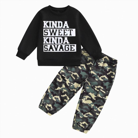 Ulanda Toddler Baby Boy Fall Clothes Long Sleeve Pullover Sweatshirt Tops Camouflage Pants 2Pcs Letter Print Outfit Set (Camouflage, 4-5 Years)