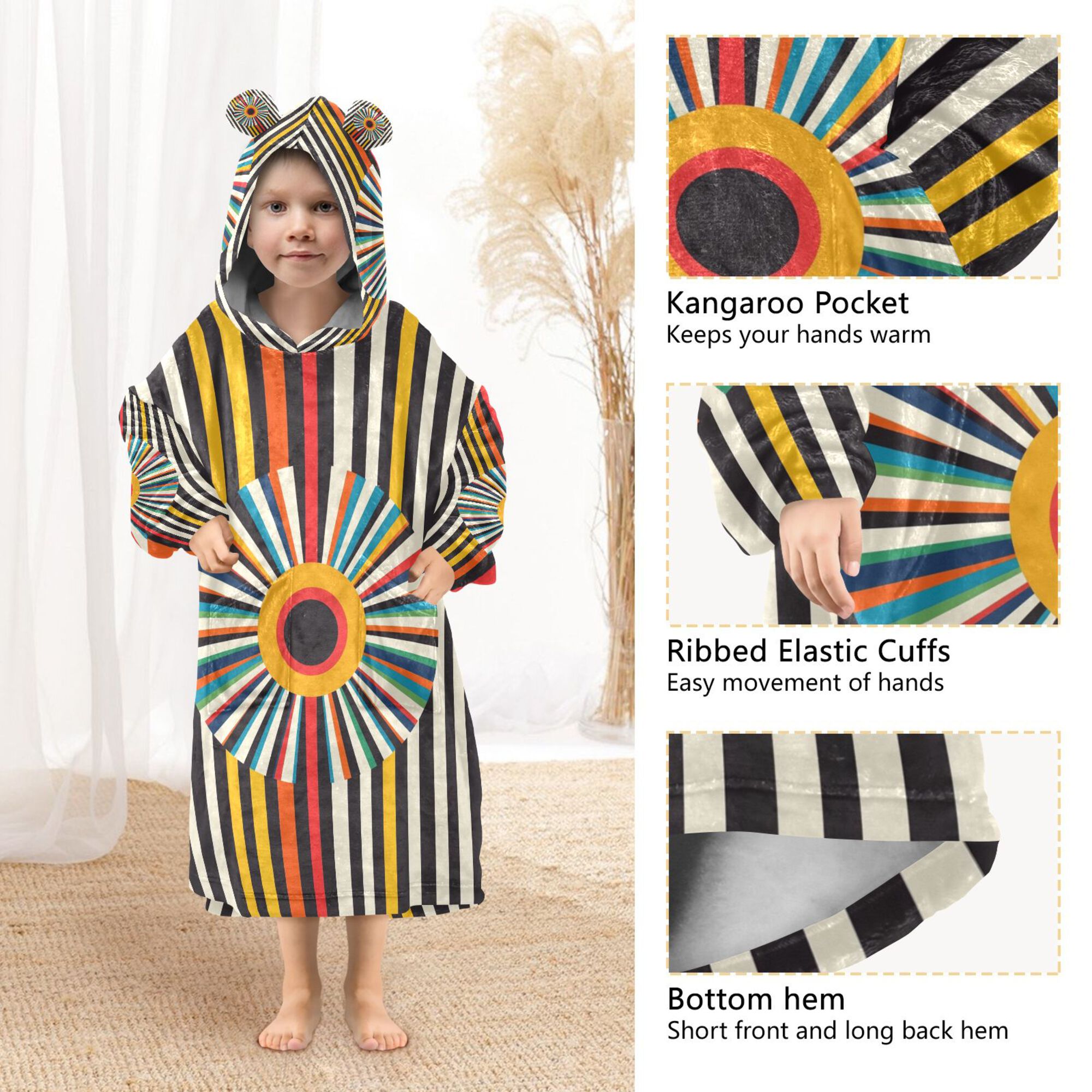 FORMRS Wearable Blanket Hoodie with Sleeves for Kids Cozy Flannel Sweatshirt, Geometric Stripes