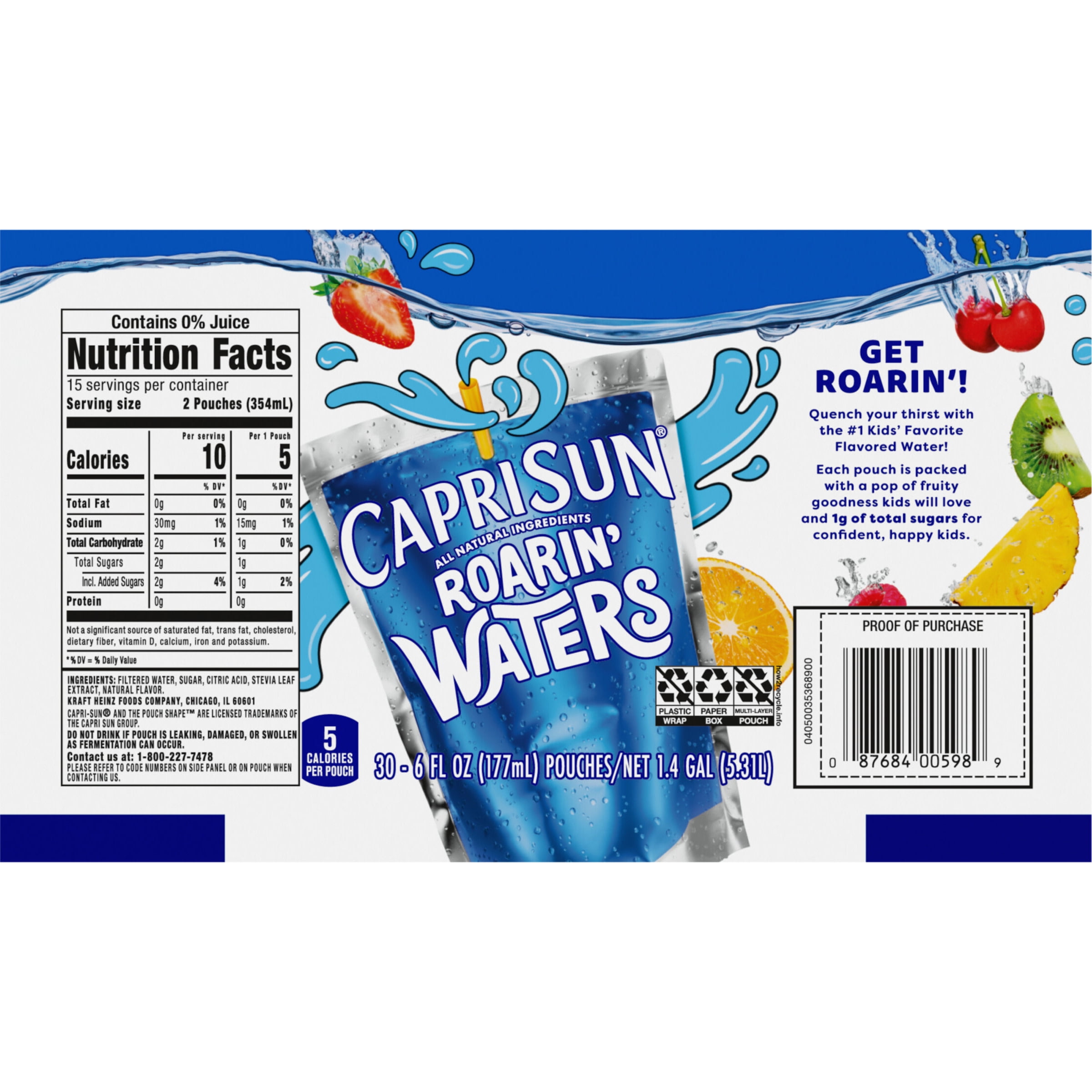 Capri Sun Roarin' Waters Tropical Tide Flavored Water Kids Drink Pouches,  30 Ct Box, 6 fl oz Pouches 