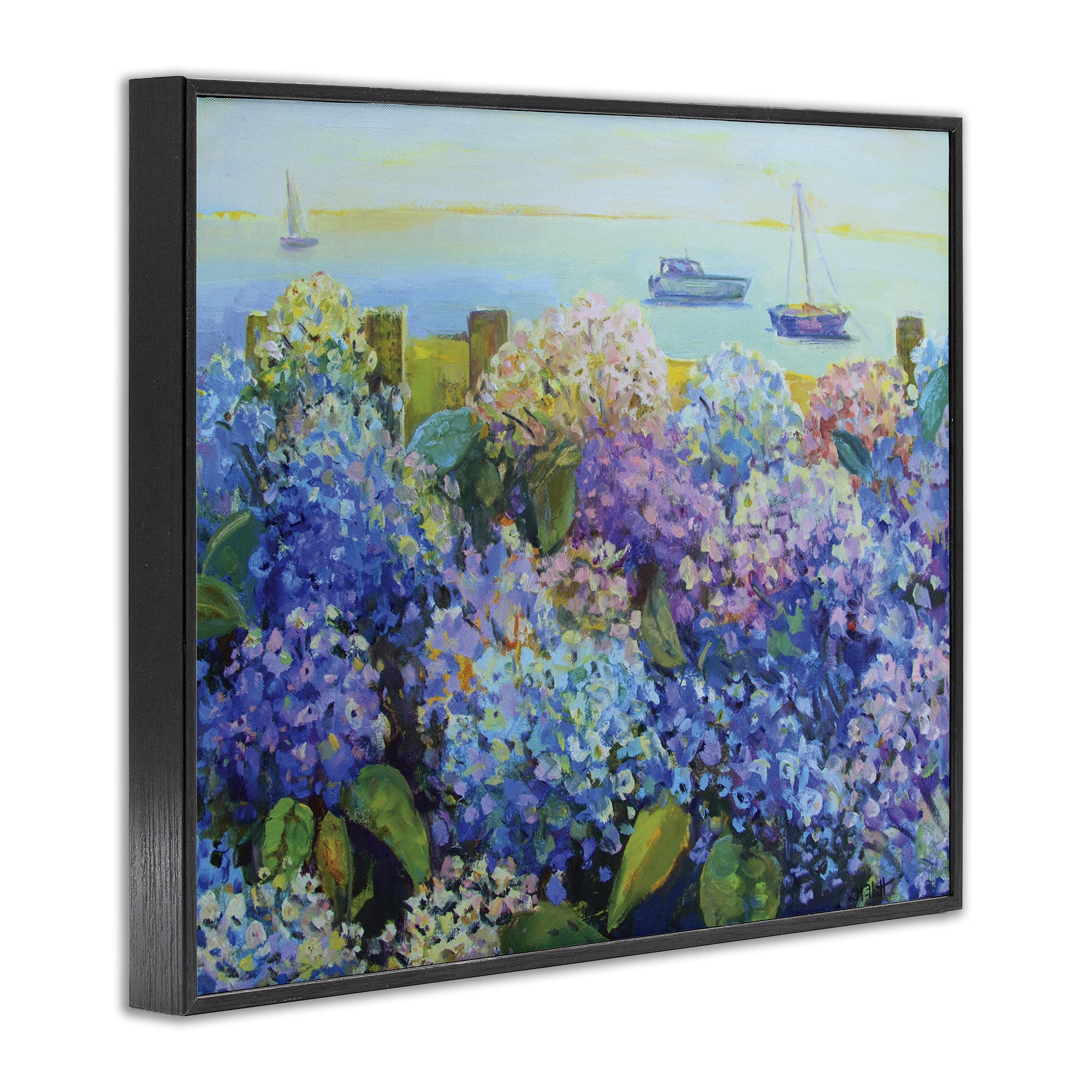 Stupell Industries Hydrangea By The Sea Landscape Painting Black Framed Art Print Wall Art, 30 x 24