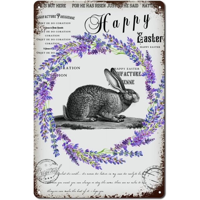Letreros de metal vintage con diseño de conejo de Pascua y lavanda, decoración para el hogar, placa de pared de metal de 12 x 8 pulgadas