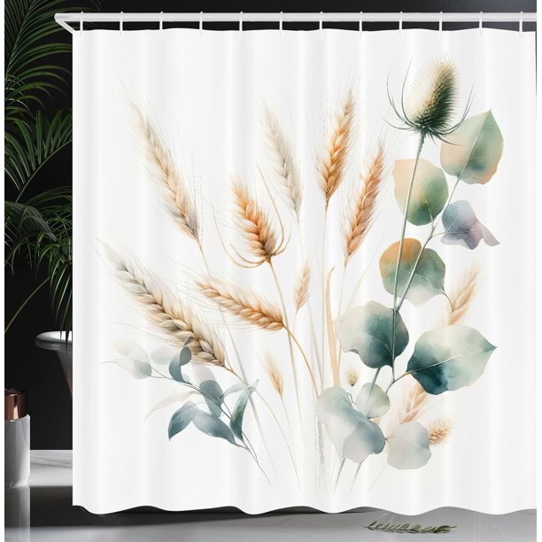 Cortina de ducha bohemia, diseño moderno y sencillo con estampado de acuarela de trigo y eucalipto sobre un reverso liso, juego de decoración de baño de tela con ganchos, 72" de ancho x 72" de largo,