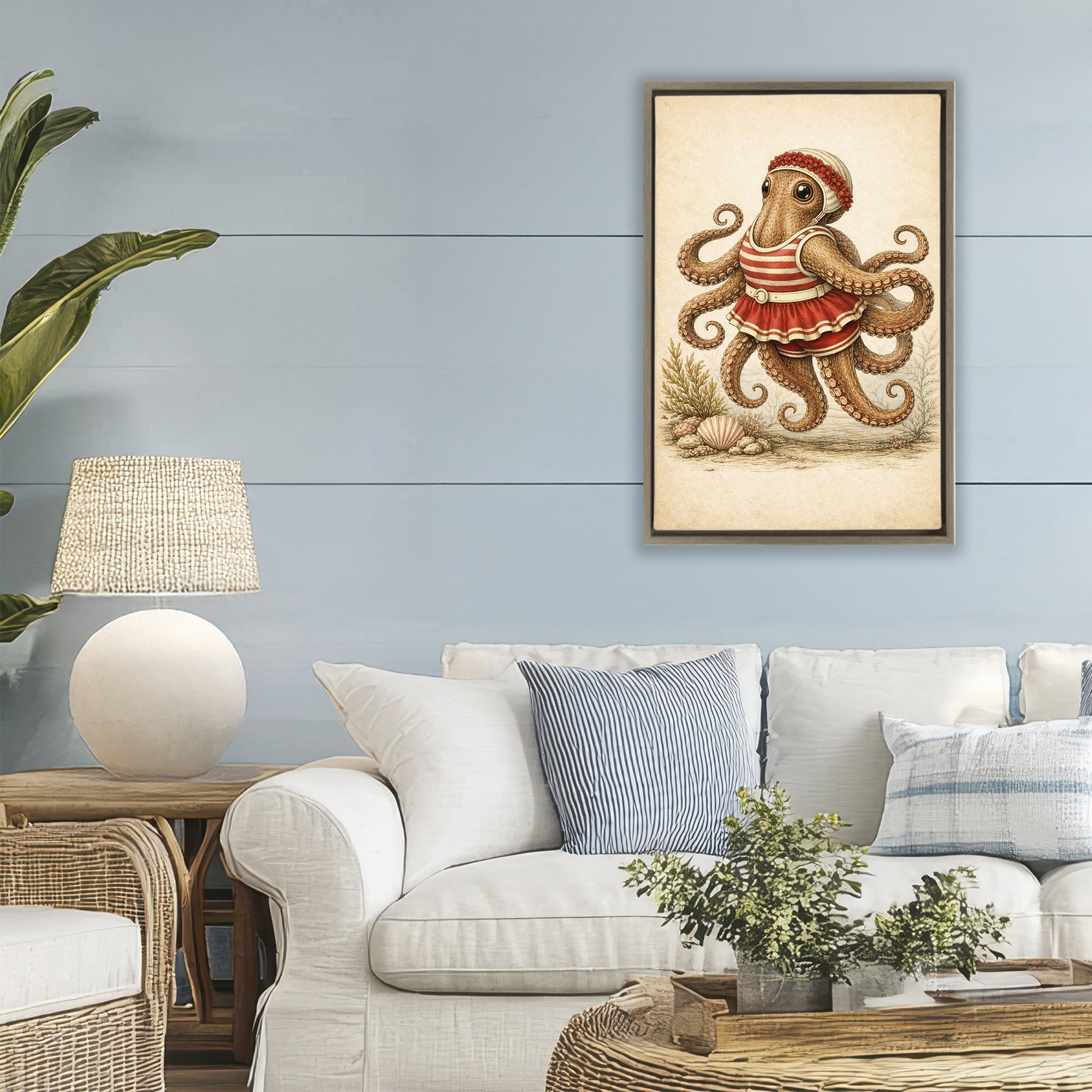 Stupell Industries Octopus of Maritime Bathing Society Brown Framed Floater Canvas Wall Art, design by Grotto Studios