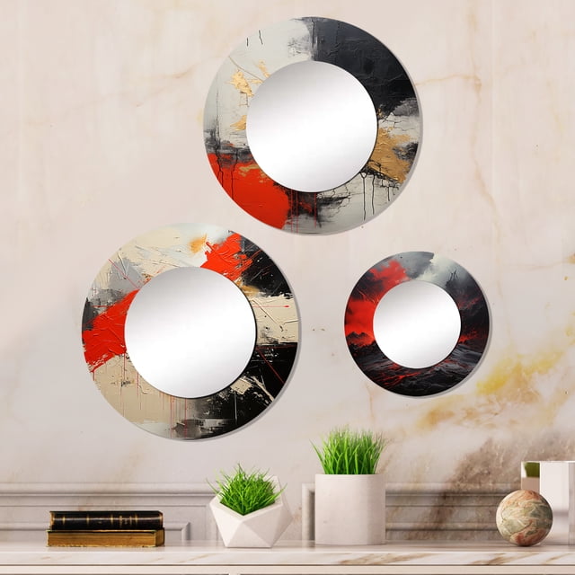 Designart « Fureur Volcanique Explosive » Ensemble de 3 Miroirs Ronds Volcan - Ensemble de Décoration Murale de Miroirs Ronds de Couloir Rouge Campagne