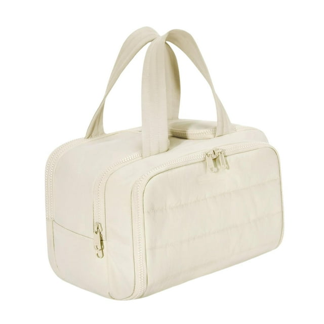 Neceser de viaje para maquillaje con asa y cremallera, portátil Beige