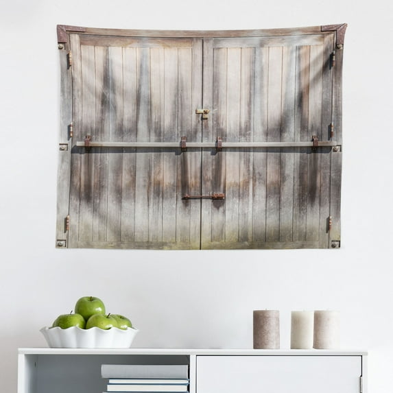 Rustic Tapestry, Wooden Door of a Stone House with Wrought Iron Elements Tuscany Architecture Photo, Fabric Wall Hanging Decor for Bedroom Living Room Dorm, 2 Sizes, Brown Grey, by Ambesonne