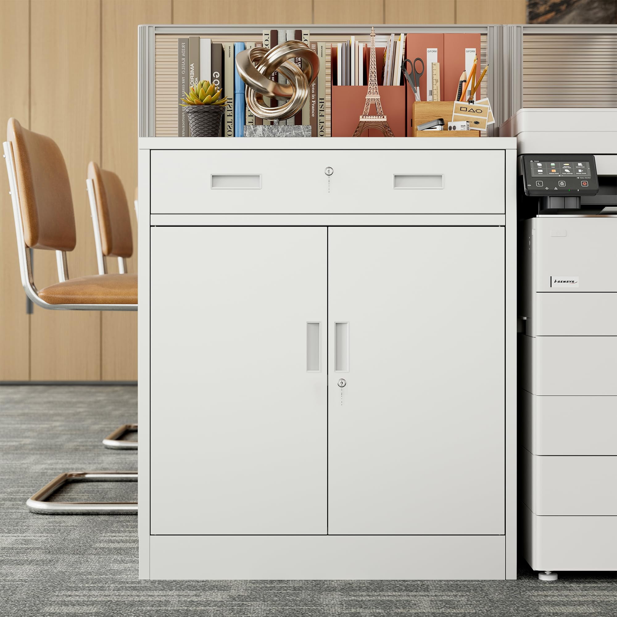 BESFUR Metal Garage Storage Cabinet with 2 Doors and 1 Drawer, Locking Stoage Cabinet for Garage, Classroom and Office - White