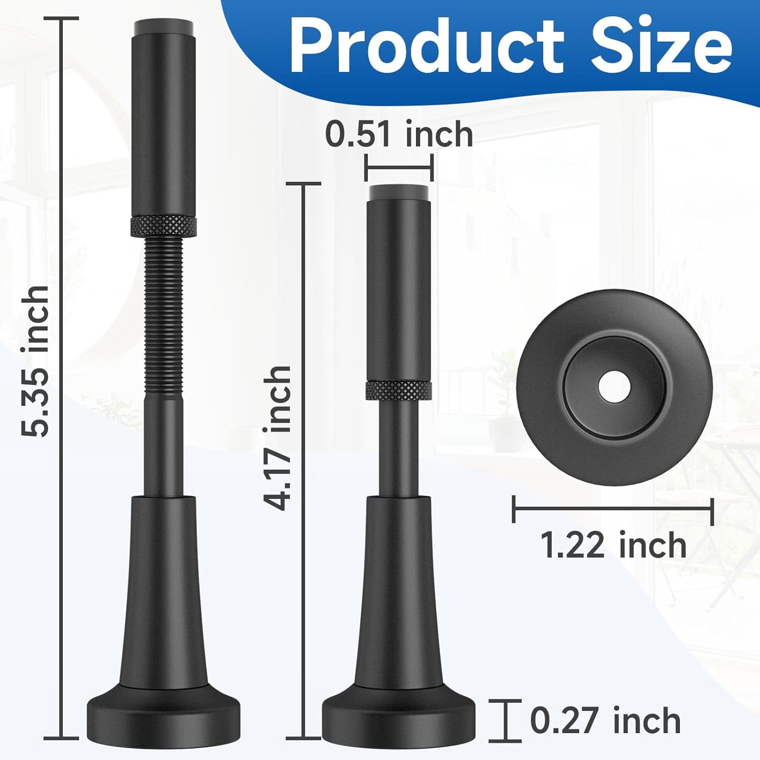 JJEAN-2pcs Adjustable Spring Door Stops, 4.17-5.35in Aluminum Long Door Stoppers with Silicone Tip, Matte Black Door Stop for Bottom of Door, Screw & Adhesive Installation, Black