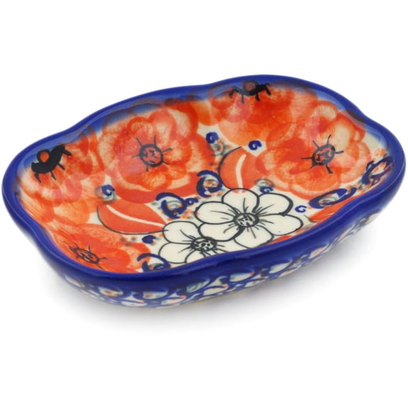 Polish Pottery 5-inch Soap Dish (Poppy Passion Theme) Signature UNIKAT Hand Painted in Boleslawiec, Poland Certificate of Authenticity