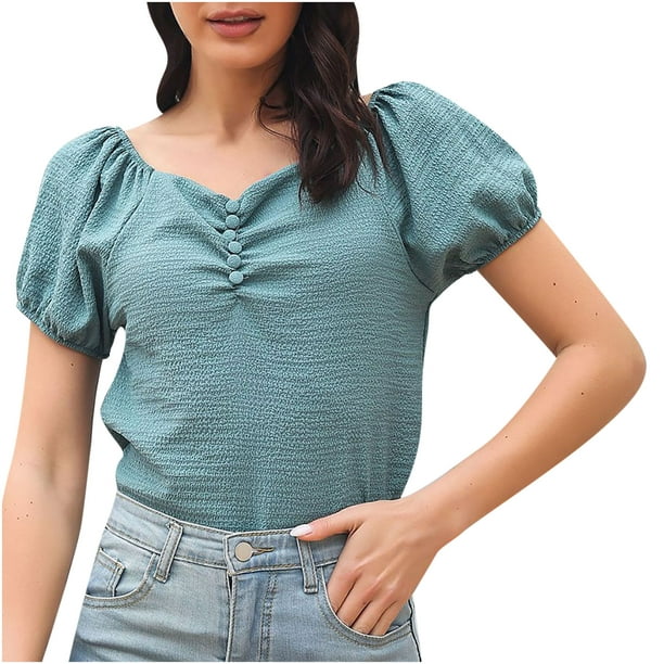 Business Casual Tops for Women 2022 Fashion Elegant Puff Short Sleeve Shirts Button V Neck T shirts Blusas de Mujer de Moda - Walmart.com
