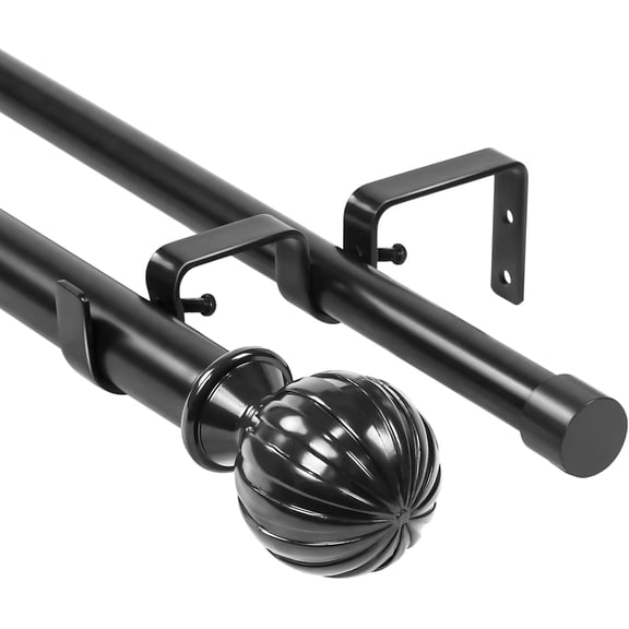 Urbanest Adjustable Double Curtain Rod Set Fluted Ball Manhattan Finials – 1″ Front & 3/4″ Back Rod With Black Rod, 28–48 Inches