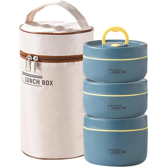 Portable Insulated Food Lunch Container Set, 3 Counts Thermal Lunch Boxes & 1 Count Insulated Bag, 3 Separate Stackable Lunch Container (Blue)
